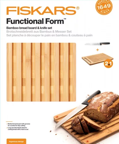 Fiskars Functional Form Bambusz vágódeszka & kenyérvágó kés készlet (1057551)