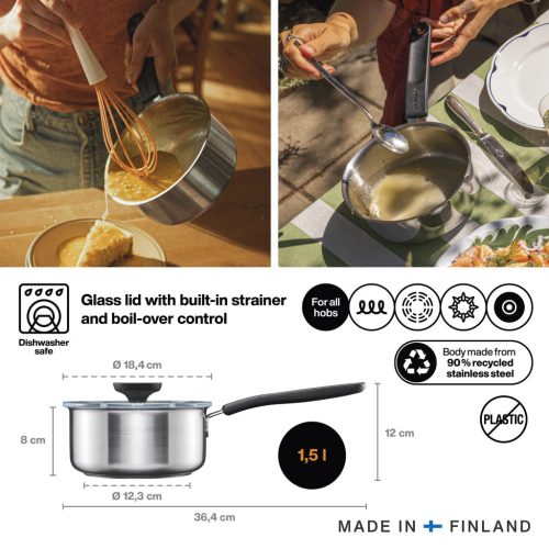 Fiskars Functional Form™ nyeles lábas fedővel, 1,5L, rozsdamentes acél