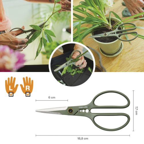 Fiskars Plant Care Növényápoló olló, tartóval, olivazöld színű