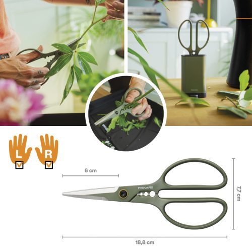 Fiskars Plant Care Növényápoló olló, tartóval, olivazöld színű