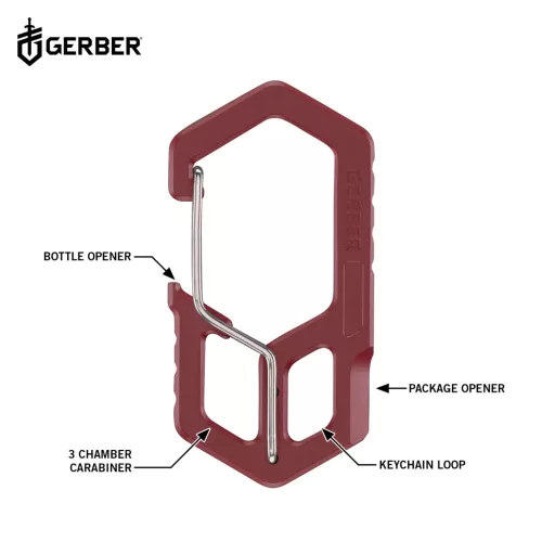 Gerber CARABINER, kulcstartóra rögzíthető, bordó, 25 év garanciával