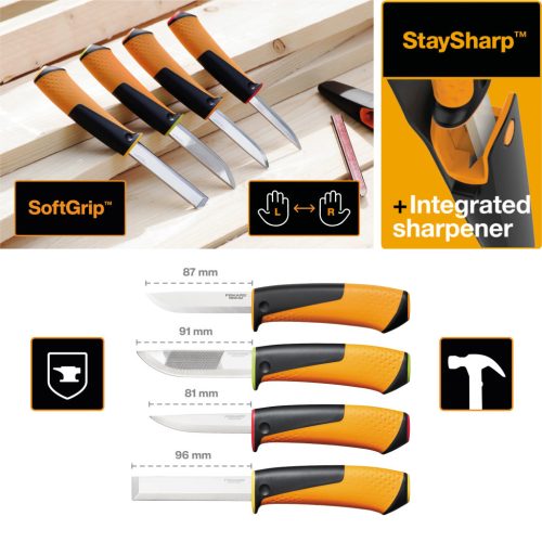 Fiskars Staysharp™ asztalos kés kifinomult famunkákhoz, tokba épített élezővel (1023620)